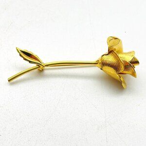 Vintage Rose Brooch Gold Tone Long Stem Floral Pin Romantic Flower Garden Party